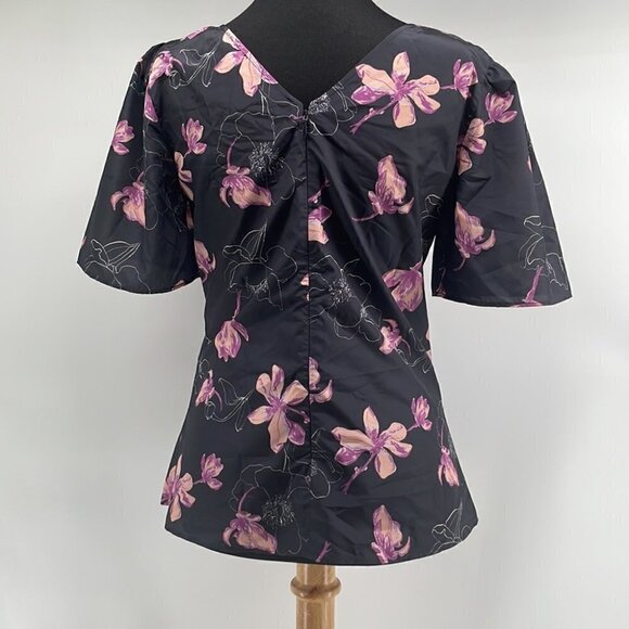 CLUB Monaco NWT Ruched Flutter Sleeve Top floral career shirt sz small - Picture 4 of 12